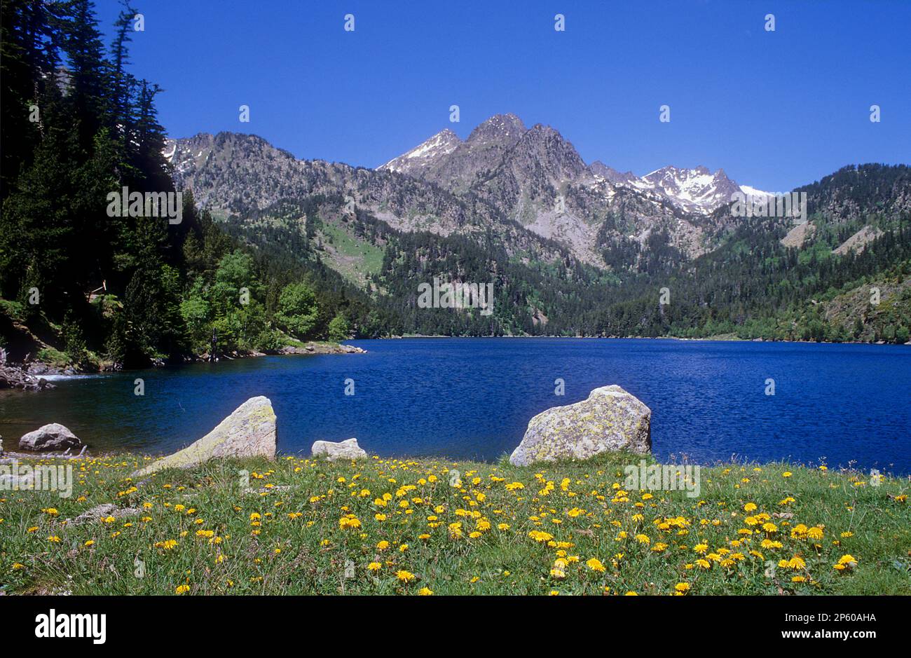`Estany de Sant Maurici´Sant Maurici lake, Aigüestortes i Estany de Sant Maurici National Park, Pyrenees, Lleida province, Catalonia, Spain. Stock Photo